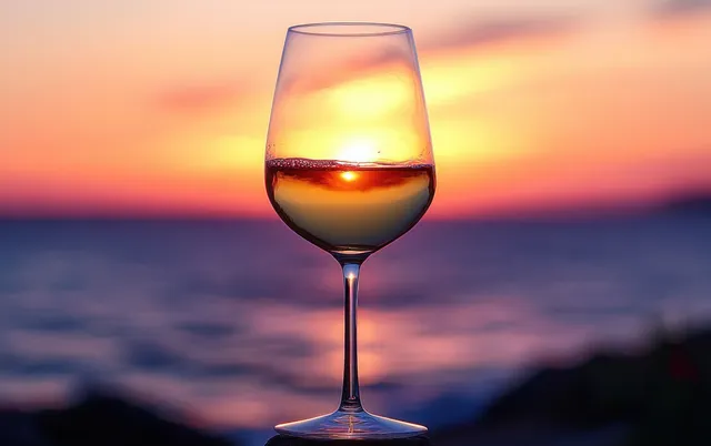 Wine glass of white wine catching golden sunset reflections over calm ocean horizon