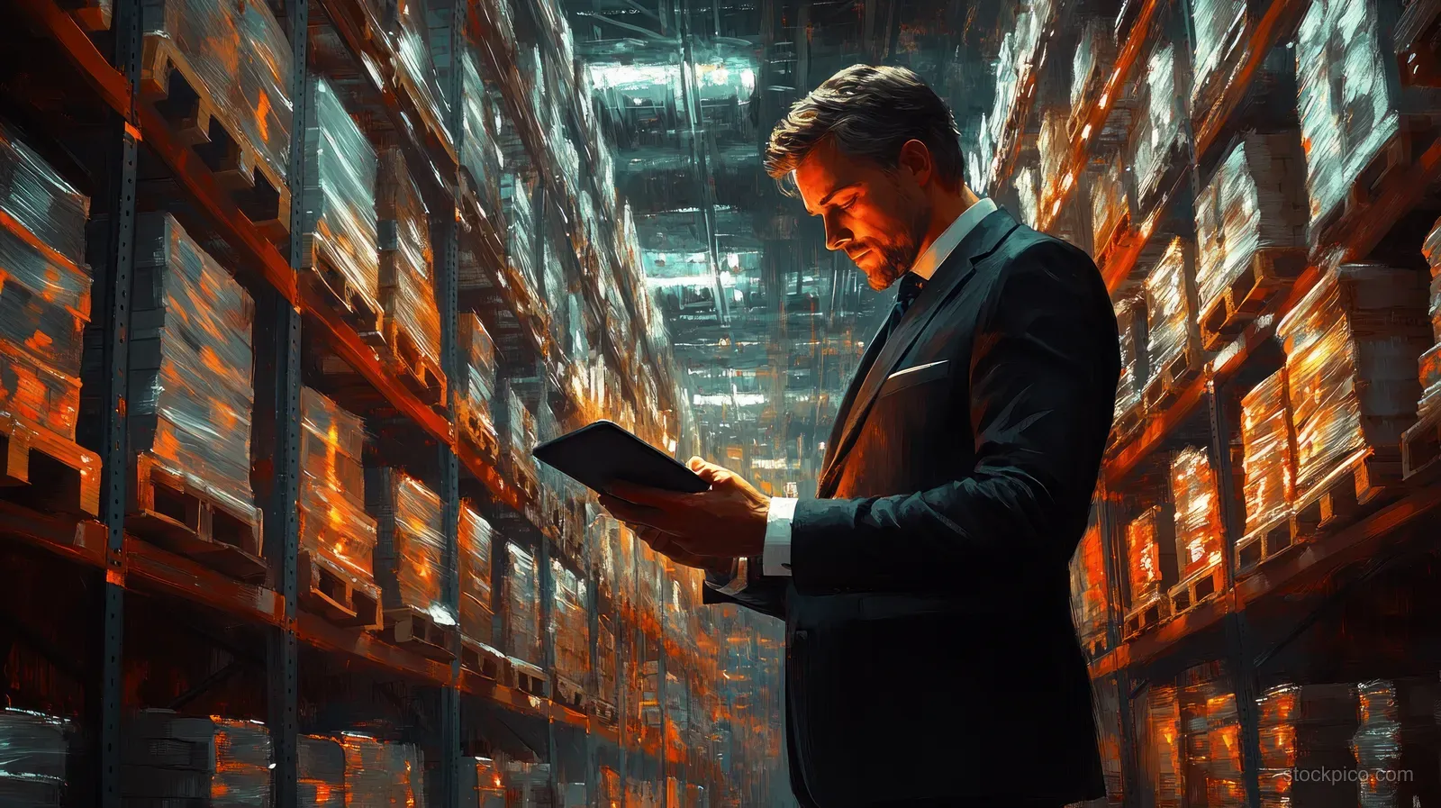 Businessman in a modern warehouse aisle holding a tablet, reviewing inventory beside tall orange-lit racks.