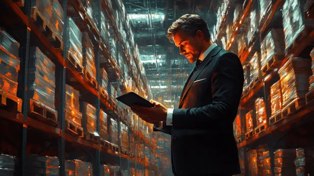 Businessman in a modern warehouse aisle holding a tablet, reviewing inventory beside tall orange-lit racks.