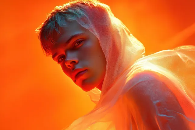 Young man in translucent hooded garment, intense gaze against vibrant orange light backdrop
