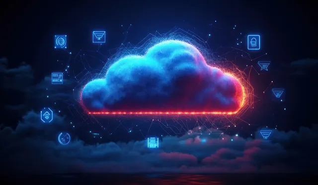 Glowing cloud data storage icon with network transfer nodes in dark futuristic sky background