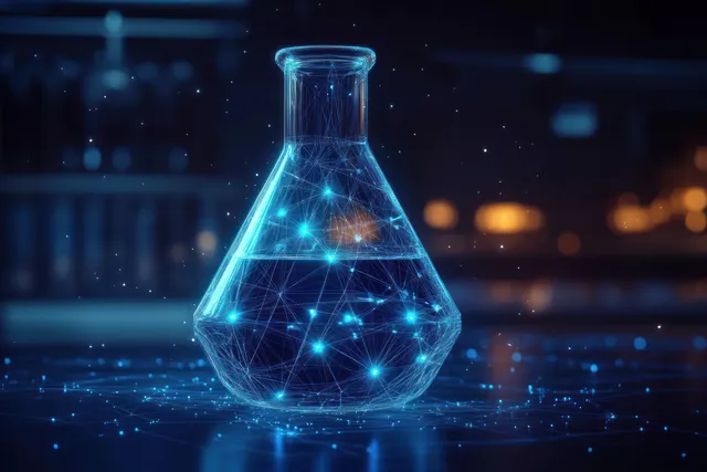 Holographic laboratory flask with interconnected glowing blue data points suspended in a futuristic lab background.