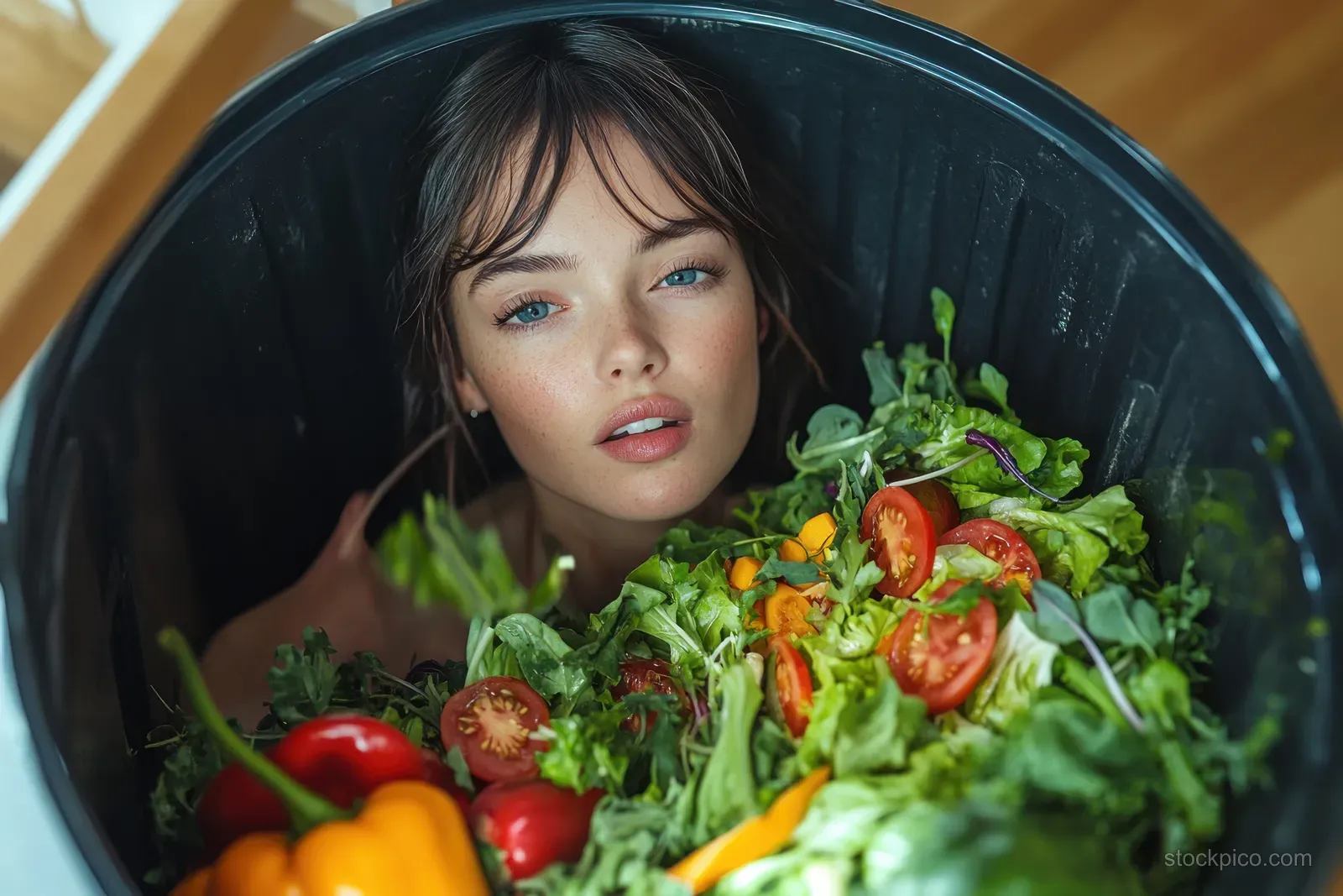 A woman sits inside a dark trash bin surrounded by fresh vegetables.