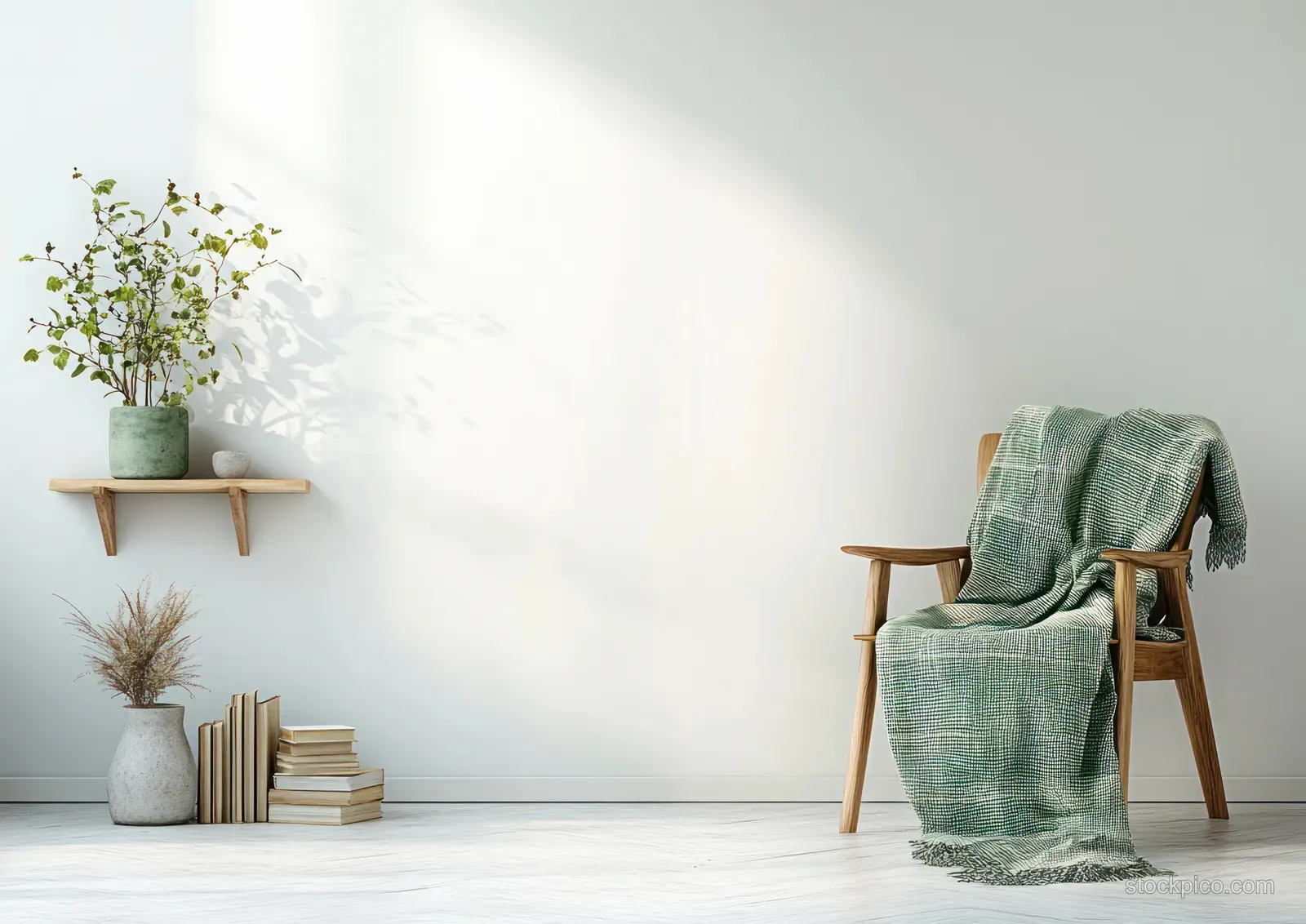 Wooden chair with green plaid blanket beside stacked books and potted plants on a white floor against a plain wall.