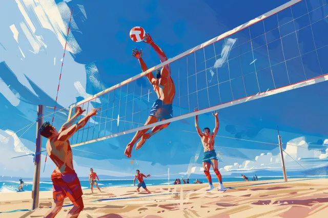 Beach volleyball players leap at the net as the ball passes above the sandy court under a clear sky.