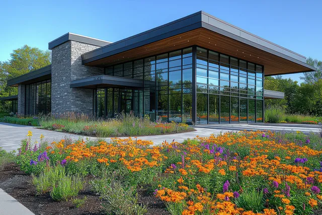 Single-story modern building with glass facade, stone walls, and colorful flower garden