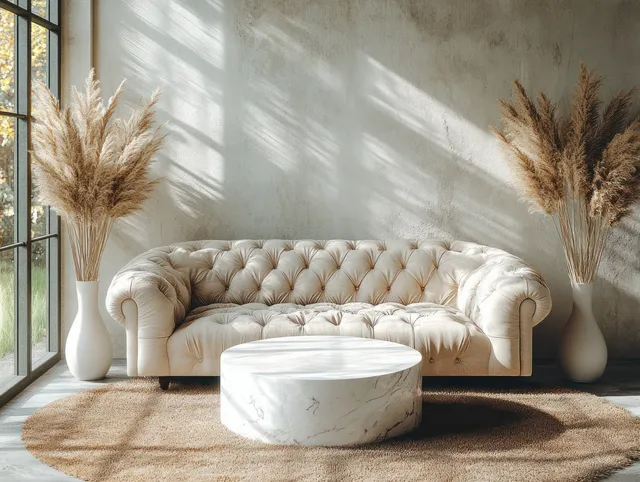 Tufted beige sofa and round marble coffee table in a sunlit minimalist living room with decorative vases.