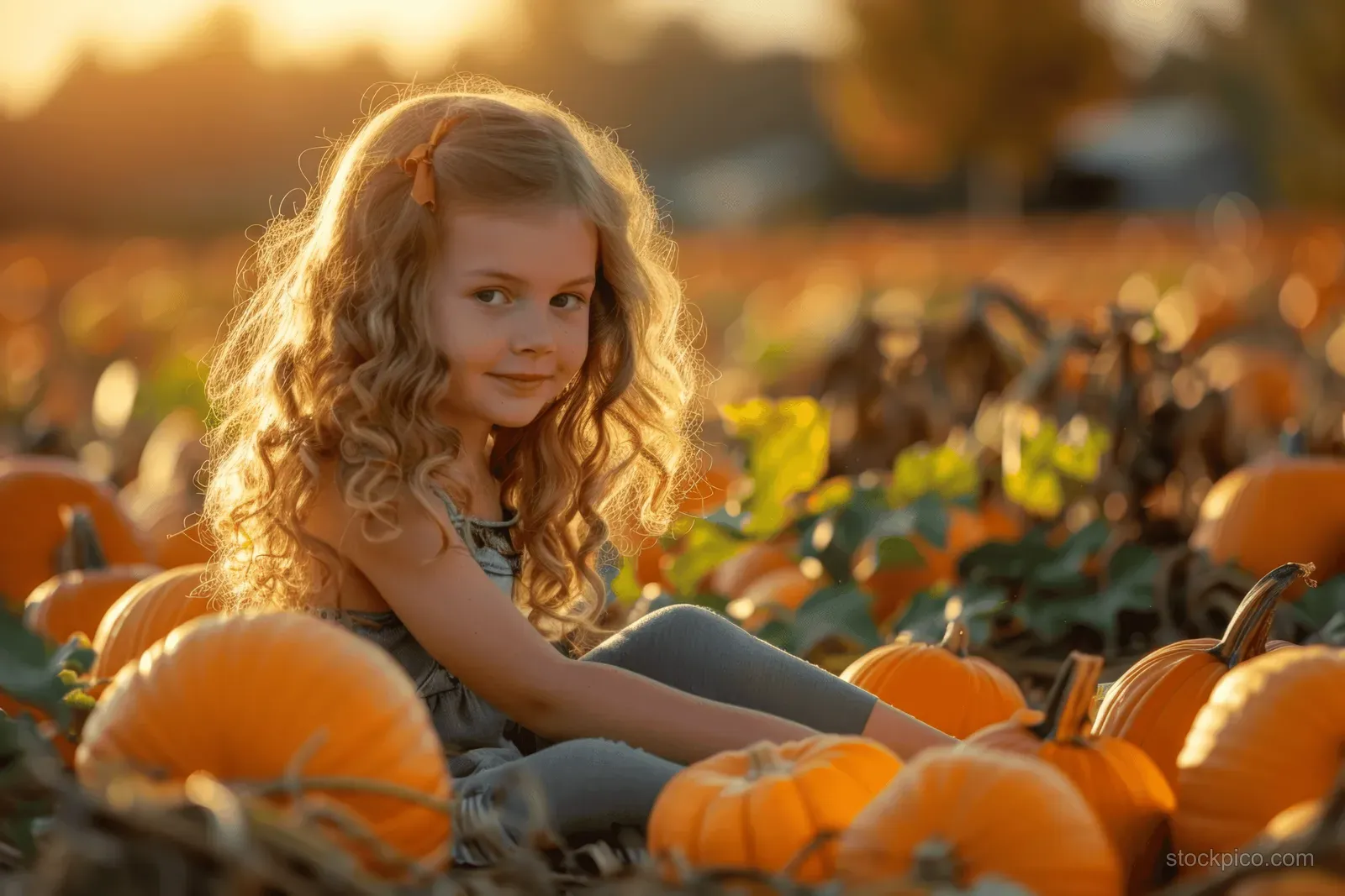Curly-haired girl sits on hay among orange pumpkins in a sunlit autumn pumpkin patch.