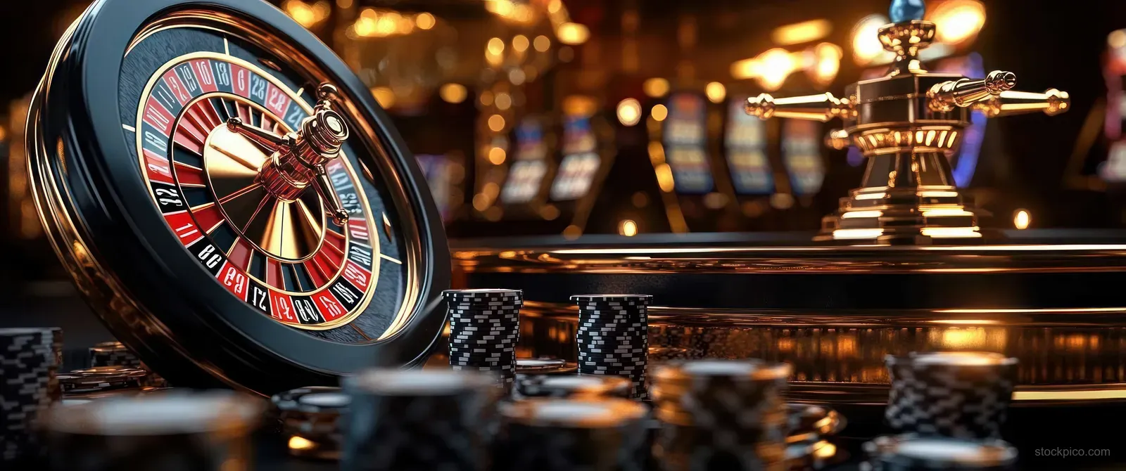 Roulette wheel and slot machine reels illuminated with golden light beside stacked casino chips.