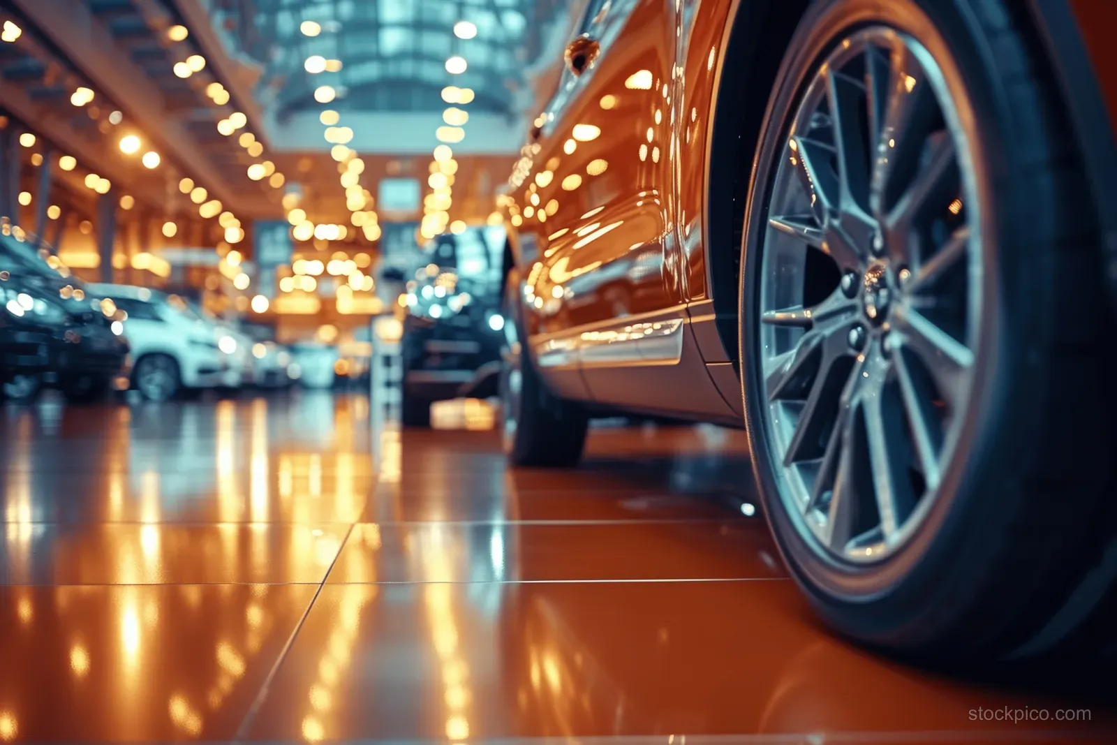 Close-up of a luxury car wheel in an indoor showroom aisle with warm bokeh lights and reflections.