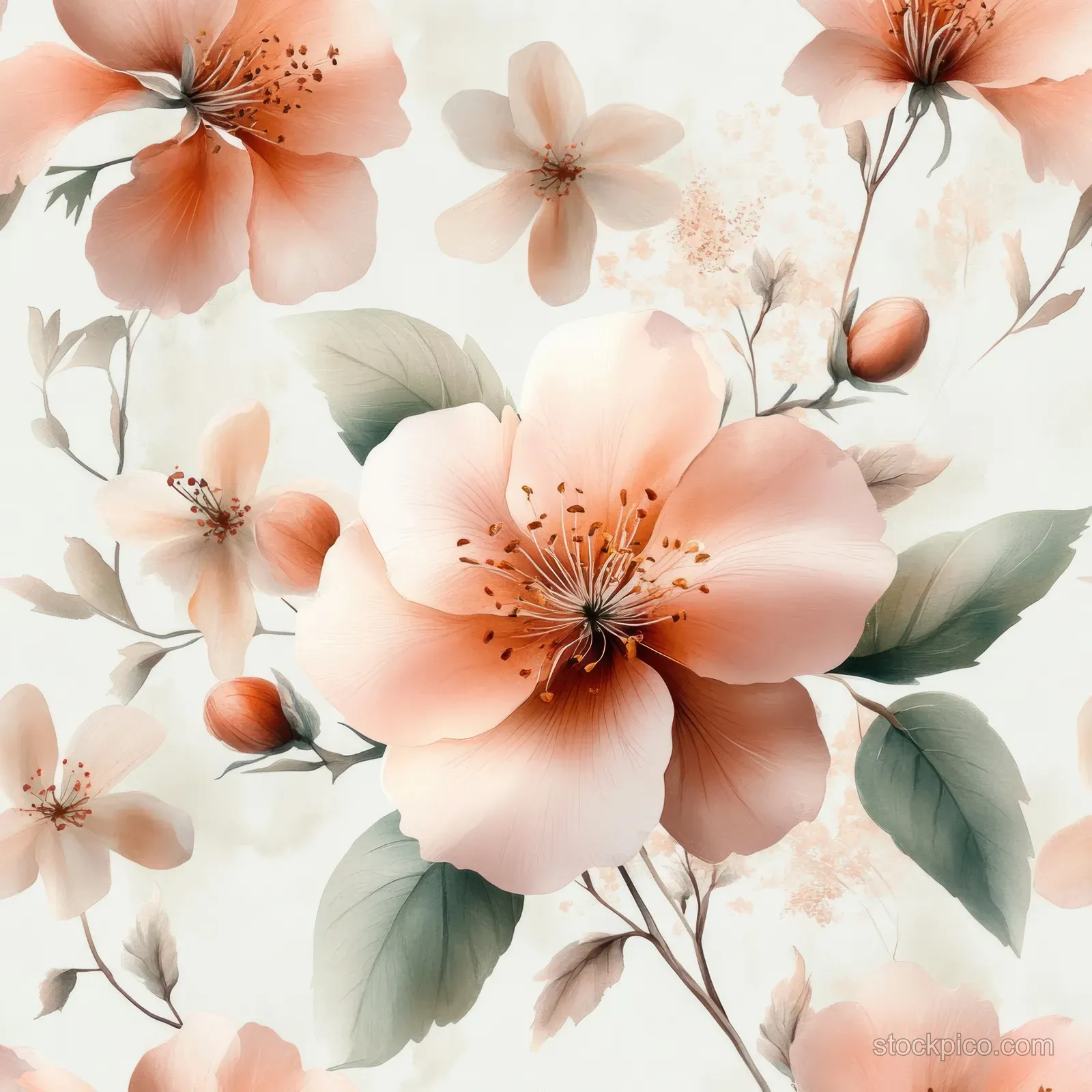 Seamless watercolor floral design with large pink peach blossoms and green leaves on a pale background.