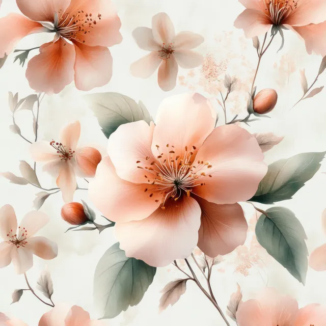 Watercolor floral pattern with pink peach blossoms, soft green leaves, seamless wallpaper background