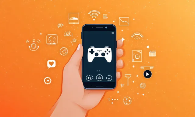 A hand holds a smartphone showing a game controller icon surrounded by wireless technology symbols on an orange background.