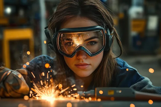 Young woman welding metal in a workshop wearing protective goggles and gloves as sparks scatter.