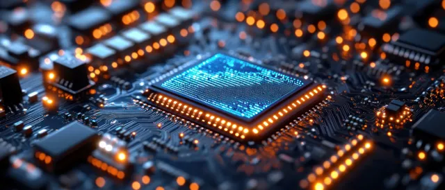 Glowing RAM microchip on a circuit board with blue data lights and orange traces with Neon Cyber Technology Aesthetics