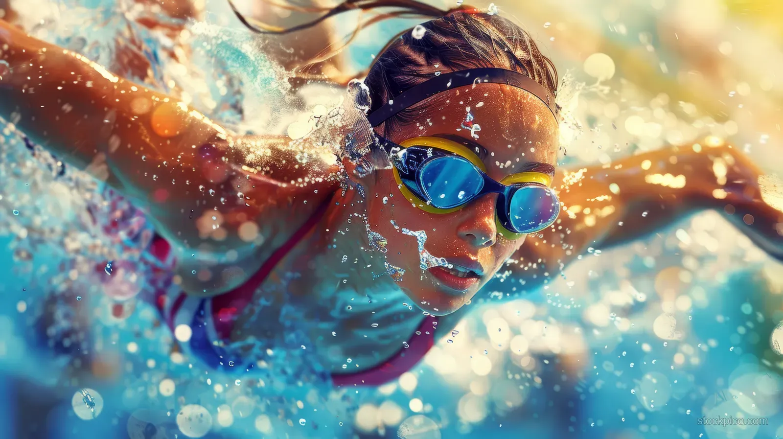 Female swimmer pushes through water with a butterfly stroke, splashing brightly in a race pool.