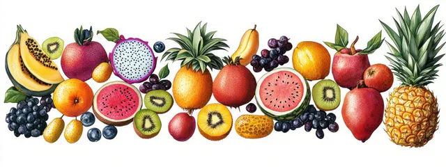 Assorted tropical fruits arranged on a bright background with visible slices of dragon fruit and melon.