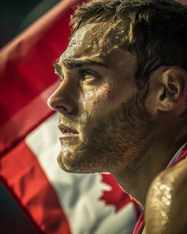 Focused decathlete at starting line, Canadian flag backdrop, intense sprint readiness