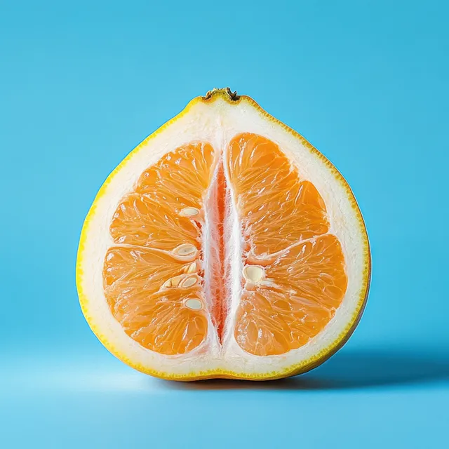 Halved pomelo citrus with visible segments on pastel blue background, minimal still life