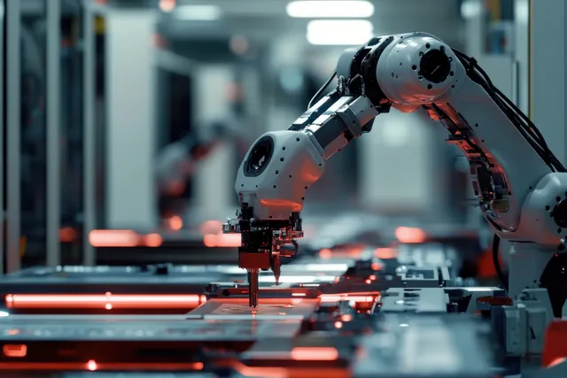 Close-up robotic arm assembling metal parts on automated factory line with red status lights