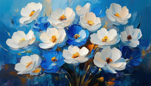 Textured white and blue flowers with yellow centers in a bouquet against an abstract blue and orange background.