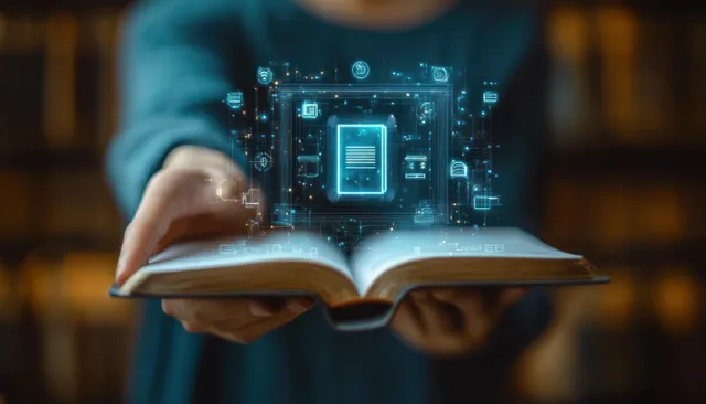 Hands holding an open book with glowing holographic icons and a futuristic digital interface above it.