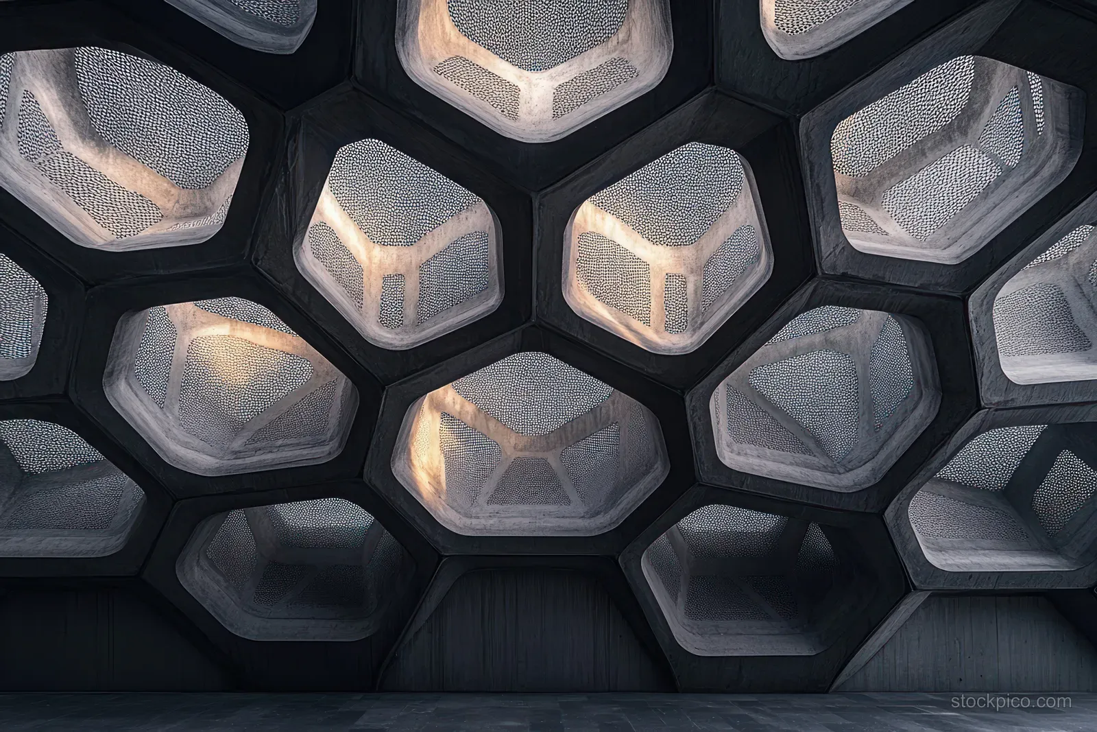 Hexagonal ceiling panels with soft embedded lights form a symmetric geometric grid above a dark interior space.