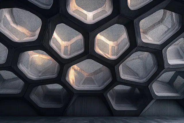 Hexagonal ceiling panels with soft embedded lights form a symmetric geometric grid above a dark interior space.