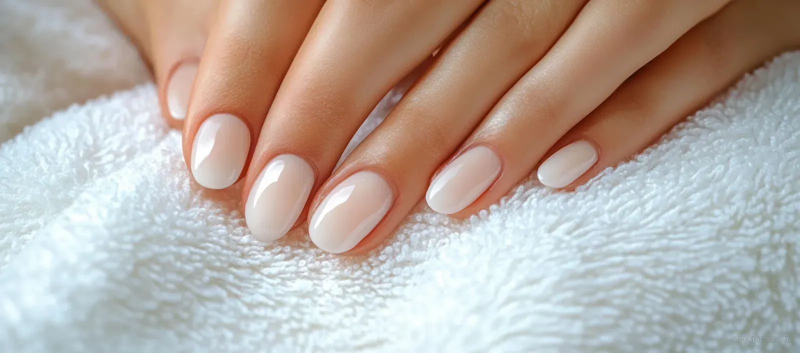 Close-up of a woman’s manicured hands with glossy light nude nails resting on a soft white towel.