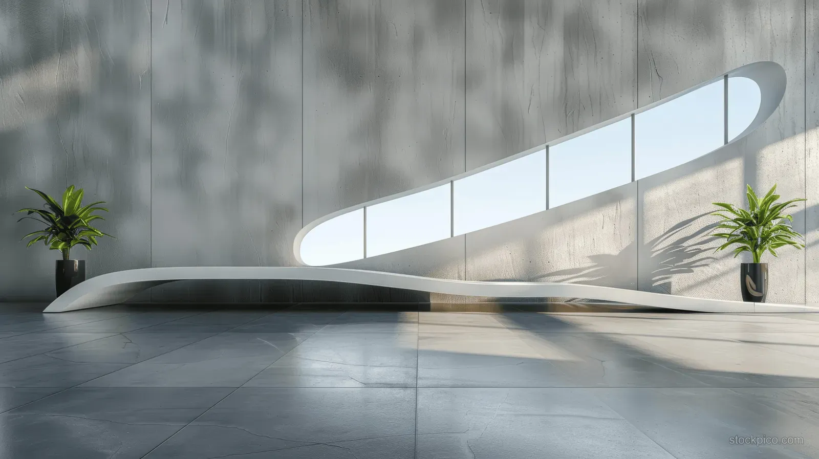 A sleek minimalist interior with concrete floors, grey walls, and a large window casting light and shadow patterns.