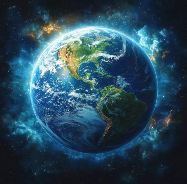 Glowing planet Earth from orbit with South America and bright blue oceans surrounded by colorful clouds and stars.