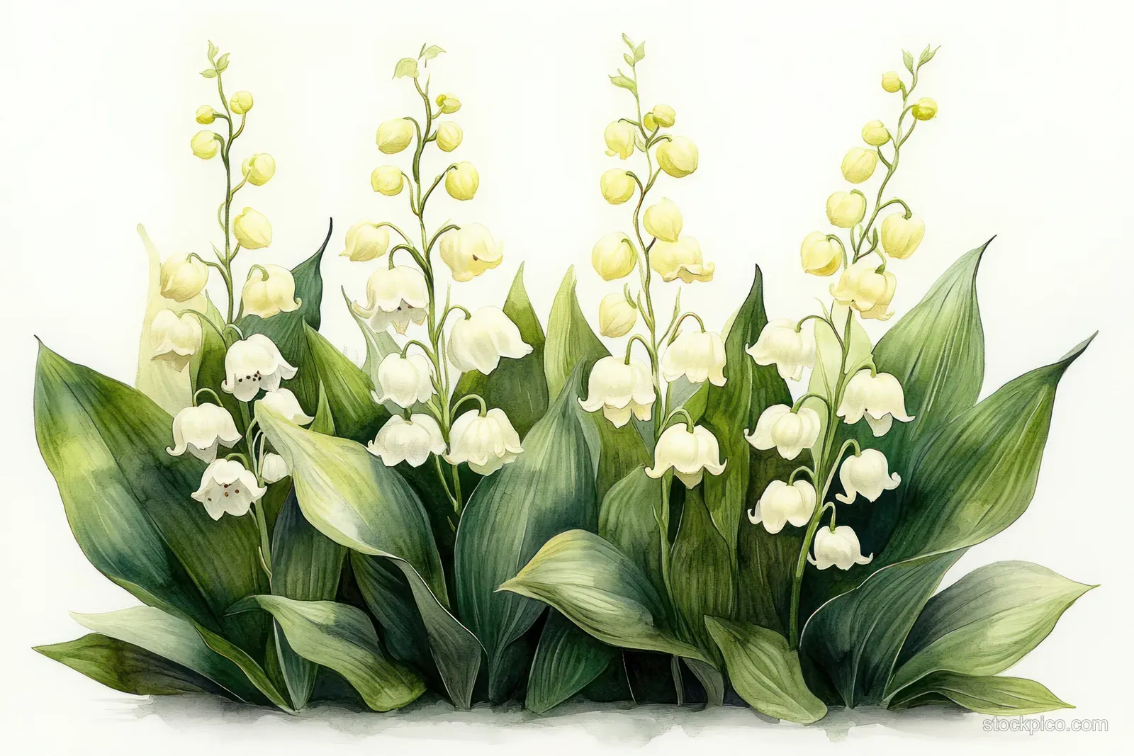 Watercolor illustration of clustered lily of the valley flowers with white bells and green leaves on an off-white background.