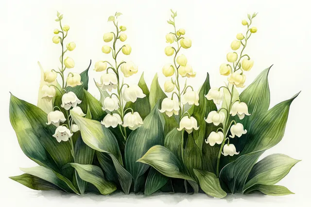 Watercolor illustration of clustered lily of the valley flowers with white bells and green leaves on an off-white background.