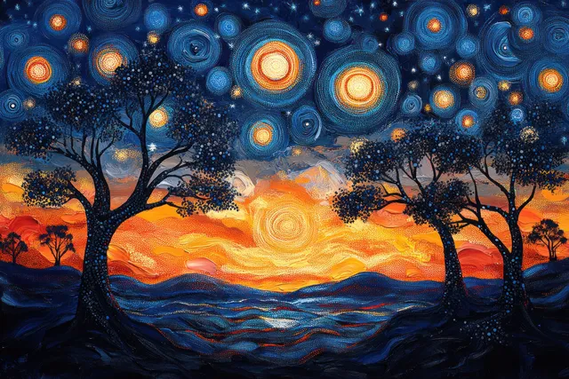 Dot-painted night sky of glowing star circles and orange swirling clouds above silhouetted trees over a deep blue horizon.