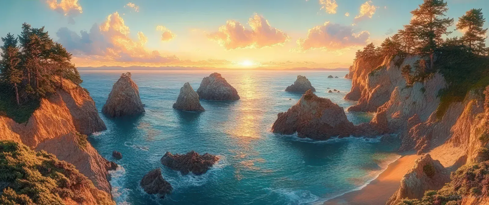 Golden sunset shines on pine-covered rocky cliffs as calm waves roll into a reflective blue ocean.