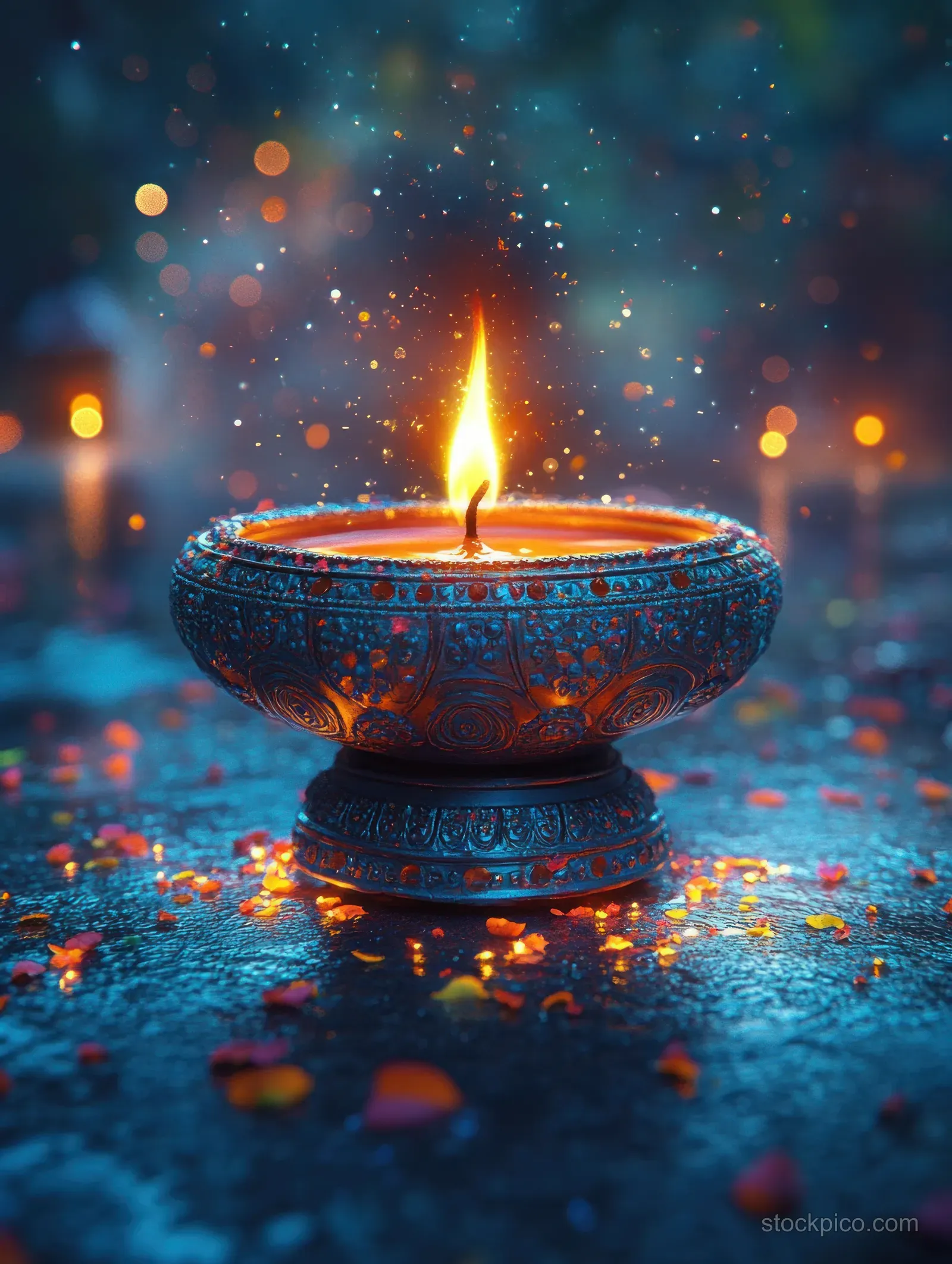 A Diwali diya oil lamp glows with a warm golden flame in a dark blue mystical bokeh scene.