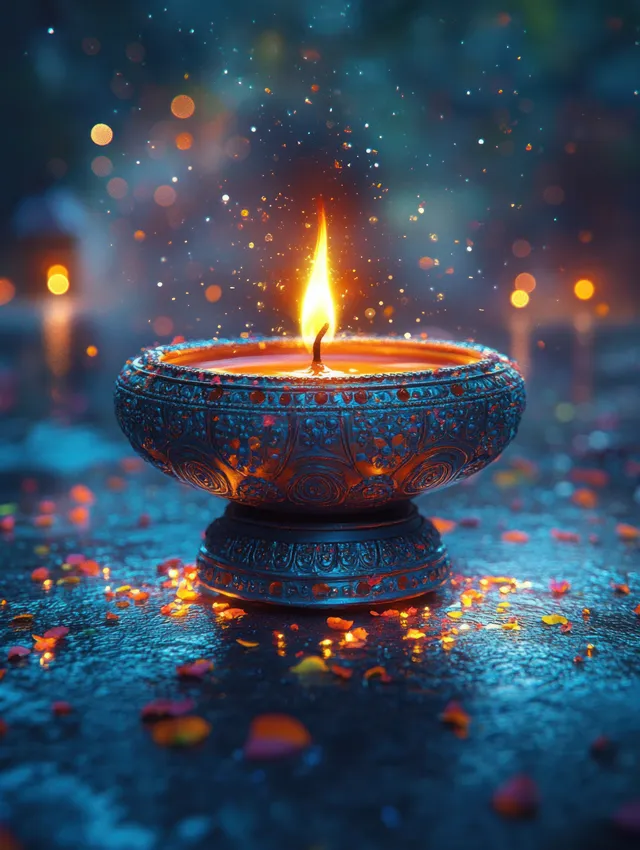 Diya oil lamp flickering with warm golden flame against a mystical bokeh night backdrop