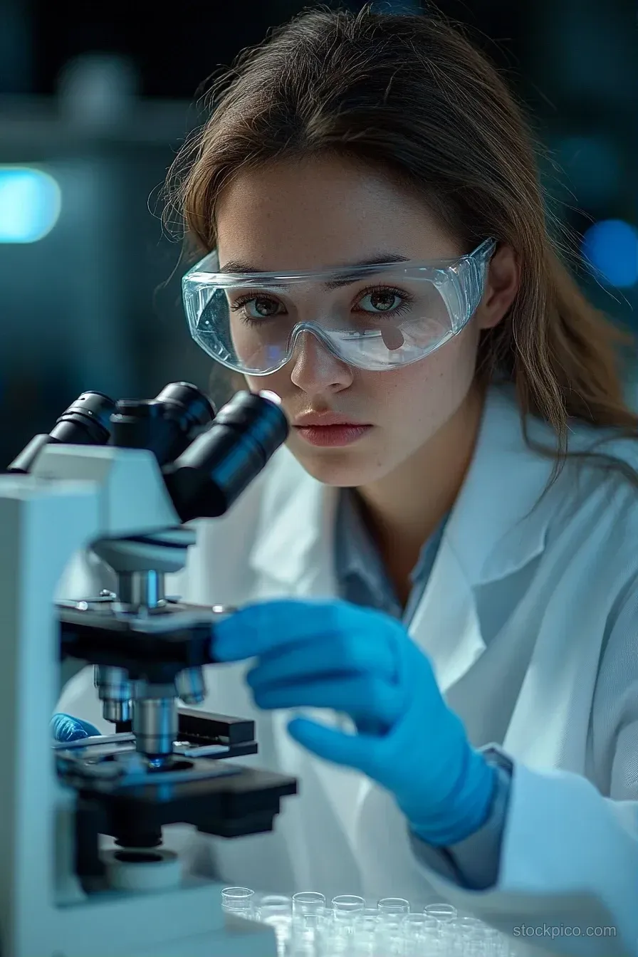 A young female scientist adjusts a microscope in a lab while wearing goggles, a lab coat, and blue gloves.
