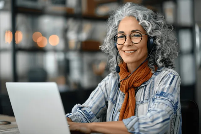 Happy mature customer service agent in glasses and headset on video call at office desk