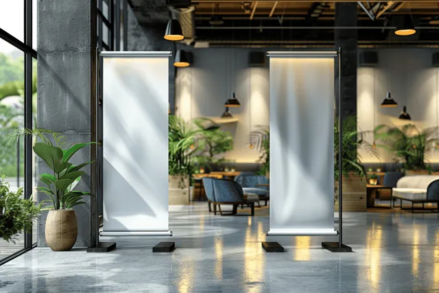 Two blank roll-up banner stands in a modern office lounge with plants, cafe tables, and pendant lights.