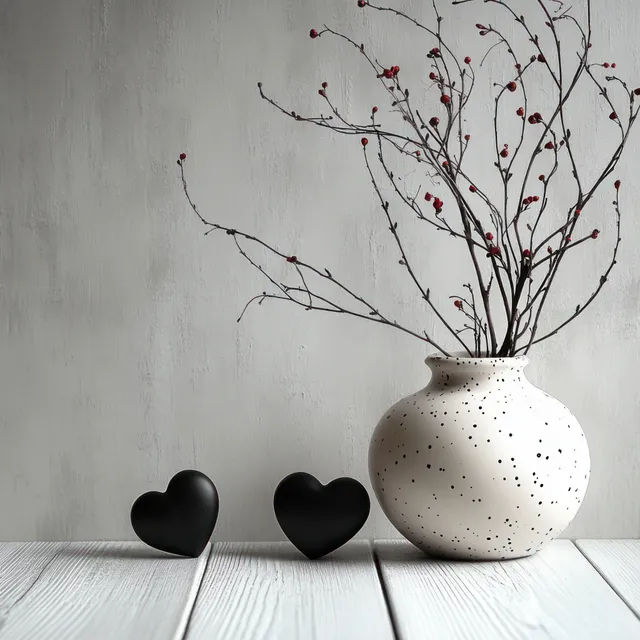 White vase with thin branches and red berries next to two black hearts on a pale wooden table against a gray wall.