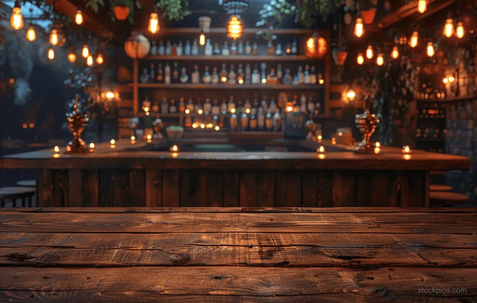 A warmly dim wooden bar interior shows shelves of alcohol bottles and glowing hanging lights above the counter.