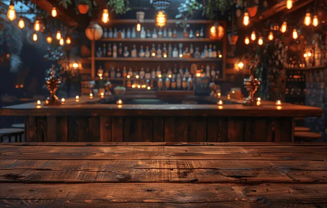 A warmly dim wooden bar interior shows shelves of alcohol bottles and glowing hanging lights above the counter.
