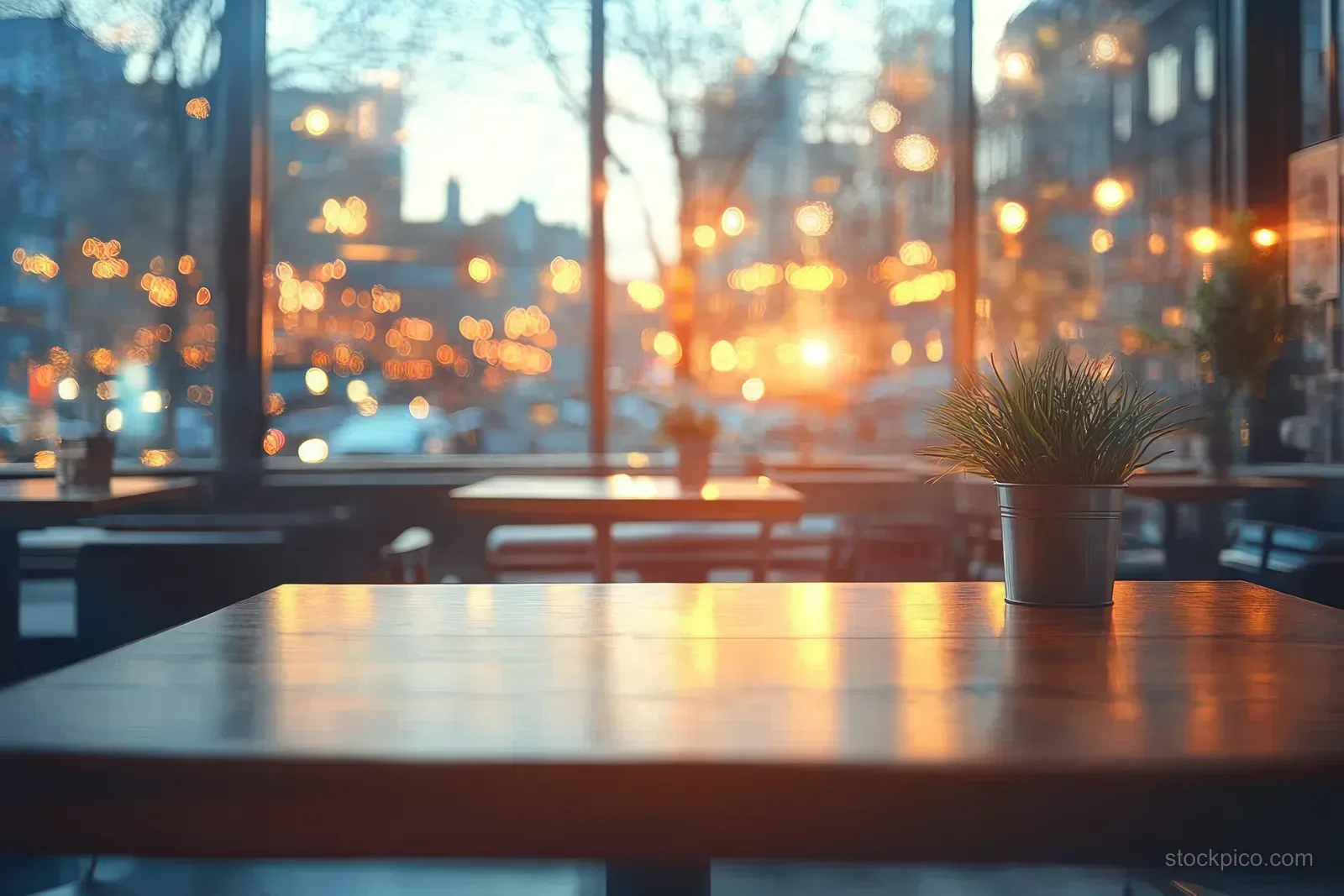 Warm-lit café interior with a wooden table and a small plant, with blurred city lights visible through windows.