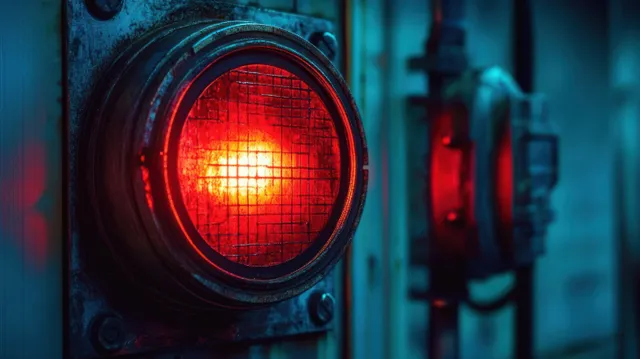 A glowing red warning signal light with a protective grid mounted on a metal panel in a dark industrial scene.
