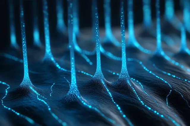 Glowing blue neural network strands on dark textured surface forming branching connections