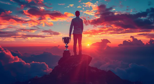 Businessman silhouette holding a trophy on a mountain peak during vivid sunset