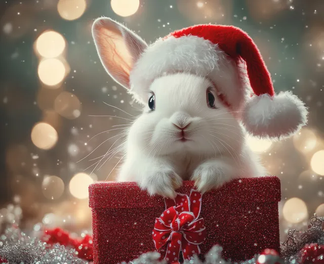 Fluffy white rabbit in a red Santa hat sitting inside a glittery gift box with ribbon and warm bokeh lights.