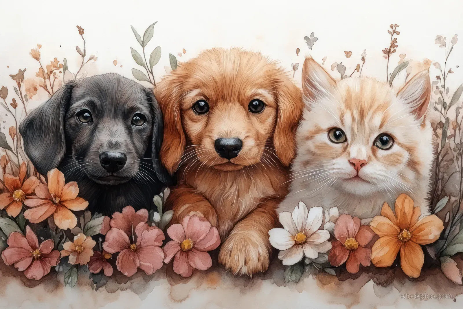 Watercolor dachshund and fluffy cat framed by spring flowers and leafy foliage with soft pastel textures.