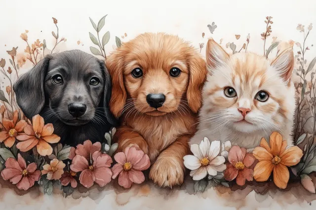 Watercolor dachshund and fluffy cat beside spring flowers with soft pastel wash